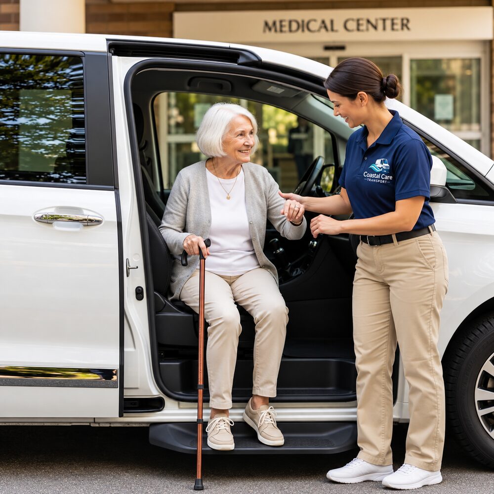 Coastal Care Transport driver in a blue polo helping a senior with a cane into the van, senior transportation in Hampton, Virginia
