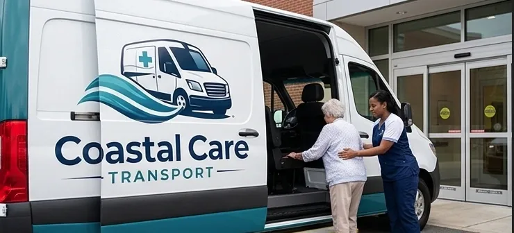 Coastal Care Transport van with staff member assisting a senior client
